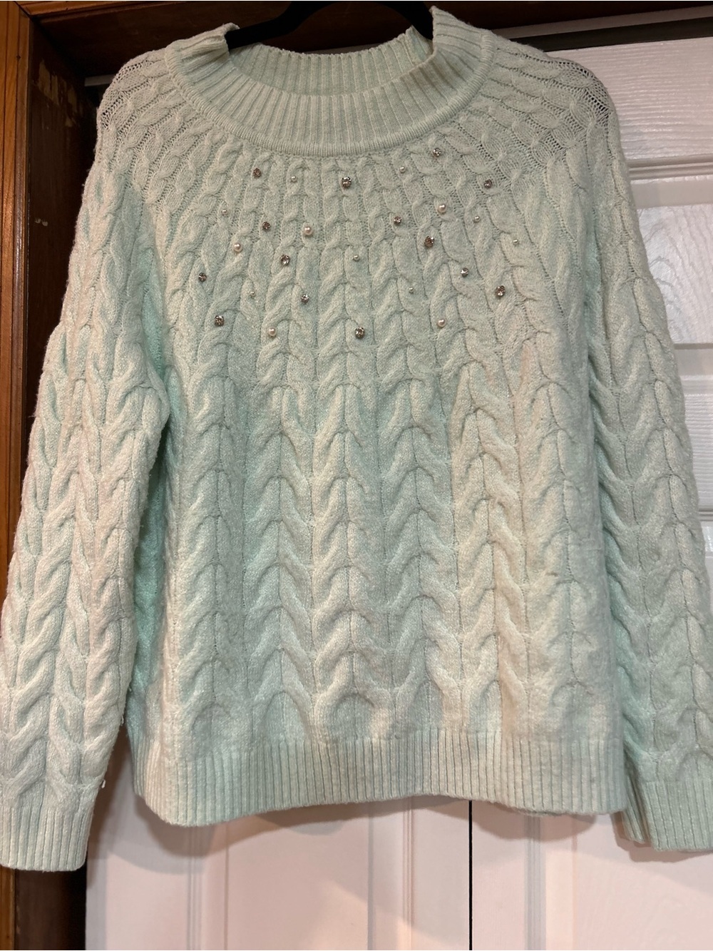 Cato Cable Knit Crewneck Sweater with Bead Accents - Mint Green